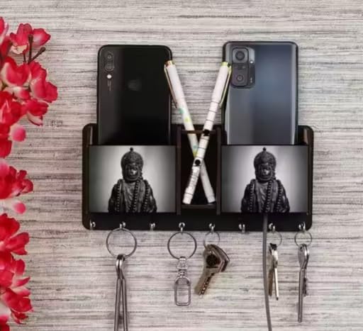 Image of Vintage Collection Wooden Key Holder for Wall, Wall Mounted Key Stand with Hooks, Hanging Rack for Living Room, Office and Door (Hanuman Ji Keyholder)