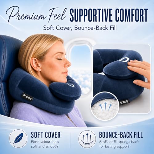 Image of BCOZZY Flat Back Travel Neck Pillow - Patented Neck Pain Relief & Support for Head, Neck, and Chin. Ideal for Airplanes, Long Flights, Car Rides. Adjustable, Washable, with Carry Bag. Large, Navy