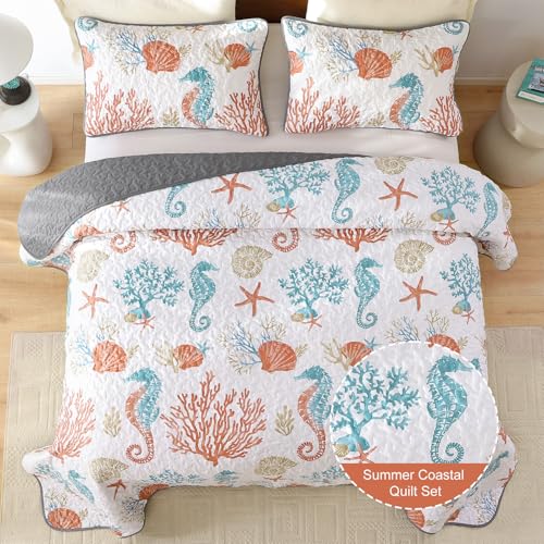Djoymock Coastal Quilt Set Queen Size, 3 Pcs Summer Orange Beach Theme Bedding Set with Pillowcases Reversible Microfiber Ocean Comforter Set Nautical Lightweight Bedspread Coverlet Set for All Season - Image 3
