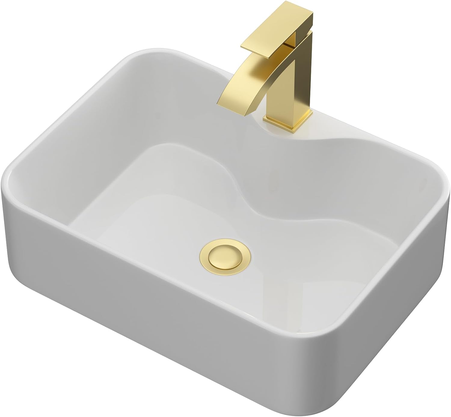 Bathroom Vessel Sink 19" x 15" Rectangle With Gold Faucet And Gold Drain Combo Bowl Sink Bathroom Countertop Rectangular White Farmhouse Lavatory Vanity Sink Basin Gold 19"x15"