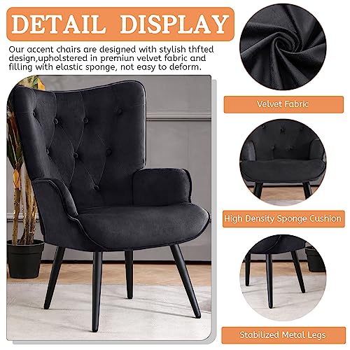 Furniliving Velvet Accent Chair Modern Upholstered Side Armchair With Tapered Legs Tufted Button Wingback Sofa Chairs Tall Back Reading For Living Room Bedroom Waiting Room, Black #TOP3
