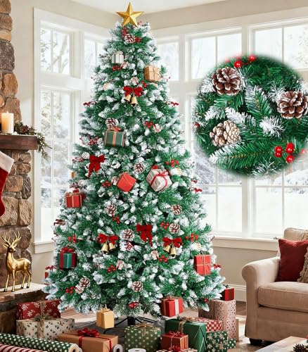 Trailabo 2,1M Árvore de Natal Pinheiro de Cedro de Luxo, com 1500 Ramos, 250 Cerejas Vermelhas e Pinhas, Efeito Nevado para Árvore de Pinheiro, Equipado com um par de Luvas de Instalação