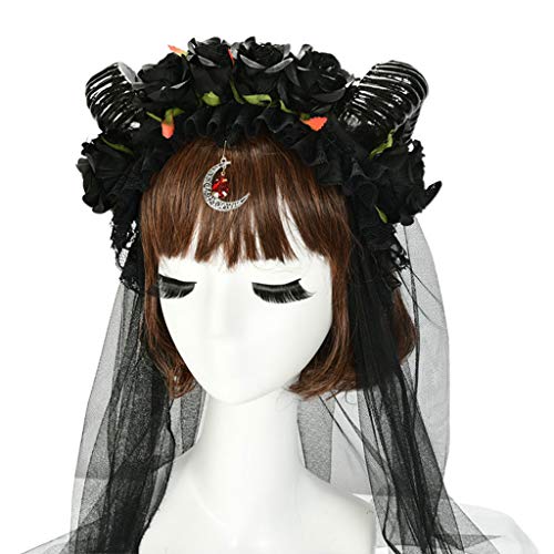 Serre-tête Halloween Lolita rose avec cornes de mouton, voile en maille et lune