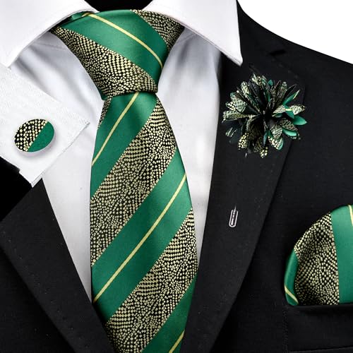 Image of GUSLESON 3.15 inch（8cm） Mens Stripe Tie and Lapel Pin Necktie Hankerchief Cufflinks Set for Men