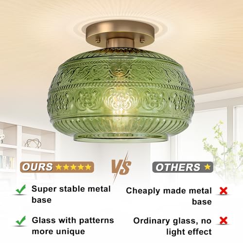 Semi Flush Mount Ceiling Light Fixture, 11" Vintage Gold Hallway Lights Fixture Ceiling with Green Glass for Kitchen, Hallway, Bathroom and Entry Way,Compatible with E26 Light Bulb