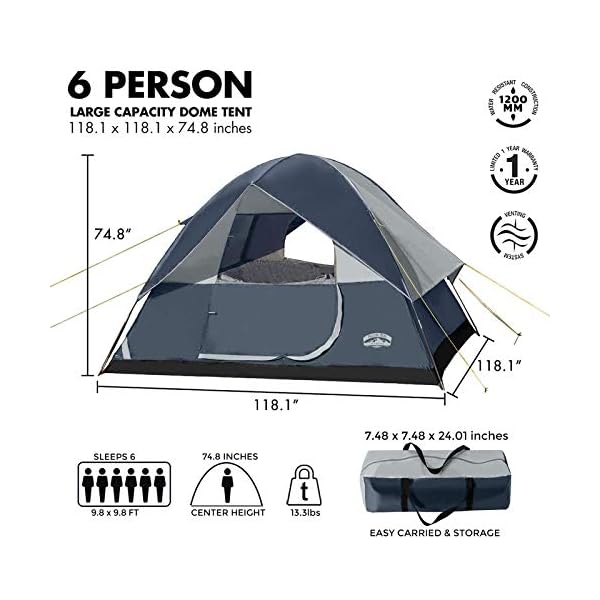 Pacific Pass Camping Tent 6 Person Family Dome Tent with Removable Rain