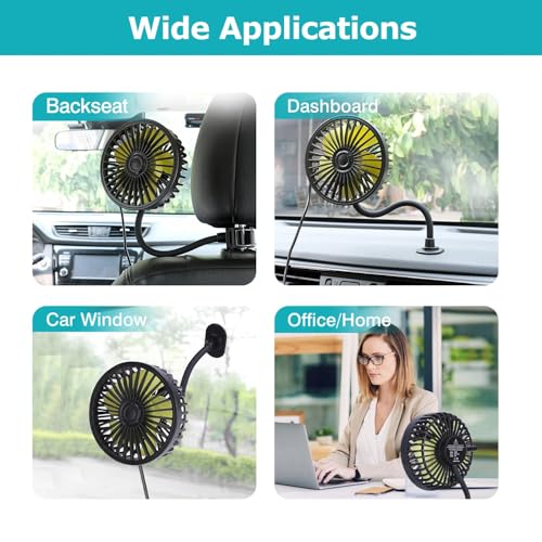 Image of RIGGEAR Car Fan, USB Powered Car Cooling Fan for Front Dashboard /Headrest /Baby Stroller, Powerful 3 Speed, Quiet Motor with 360 Adjustable Flexible Rod, Best USB Table Top Fan for Home, Office