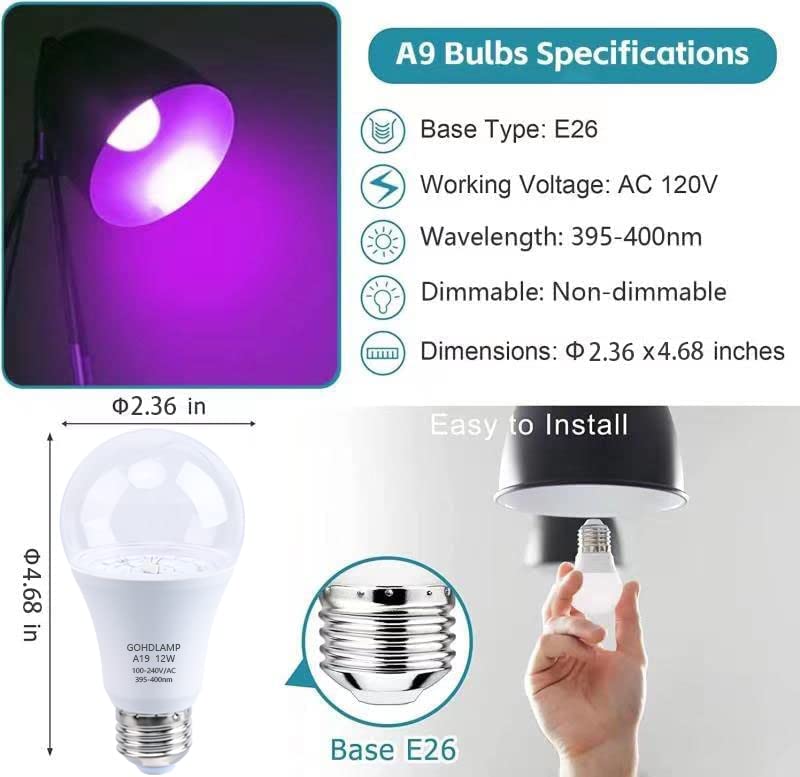 Image of A19 LED Black Light Bulb 12W 395-400nm UVA - 3-Pack for Halloween Decor, Glow Parties, Fluorescent Art & Dark Room Effects, E26 Base uv Light Bulb