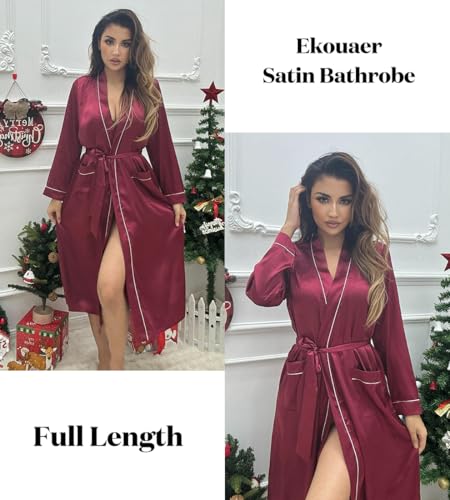 Image of Ekouaer Satin Robes for Women Long Sleeve Silk Bathrobe Soft Lightweight Full Length Sleepwear Bridesmaid Wedding Party Robes