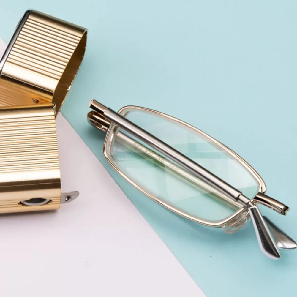 3.0 Gafas de lectura Plegables con Metal Estuche，Pequeño Rectangulares Gafas de lectura con Varillas Telescópicas HD Lentes