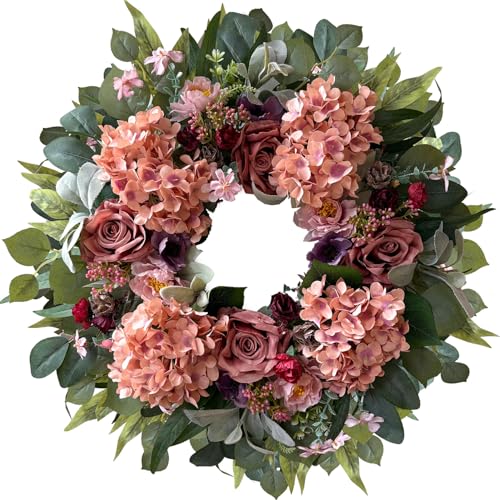 WANNA-CUL 24 Inch Spring Hydrangea Wreaths for Front Door,Spring Mothers Day Front Door Wreath with Pink Rose and Peony Flower for Valentines Day,Wedding or Indoor&Outdoor Decoration