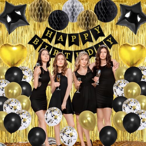 Image of Black Gold Birthday Party Decorations Supplies Happy Birthday Banner Honeycomb Balls Fringe Curtain Foil Balloons Hanging Swirls Cake Topper Tablecloth Party Supplies for Boys Men