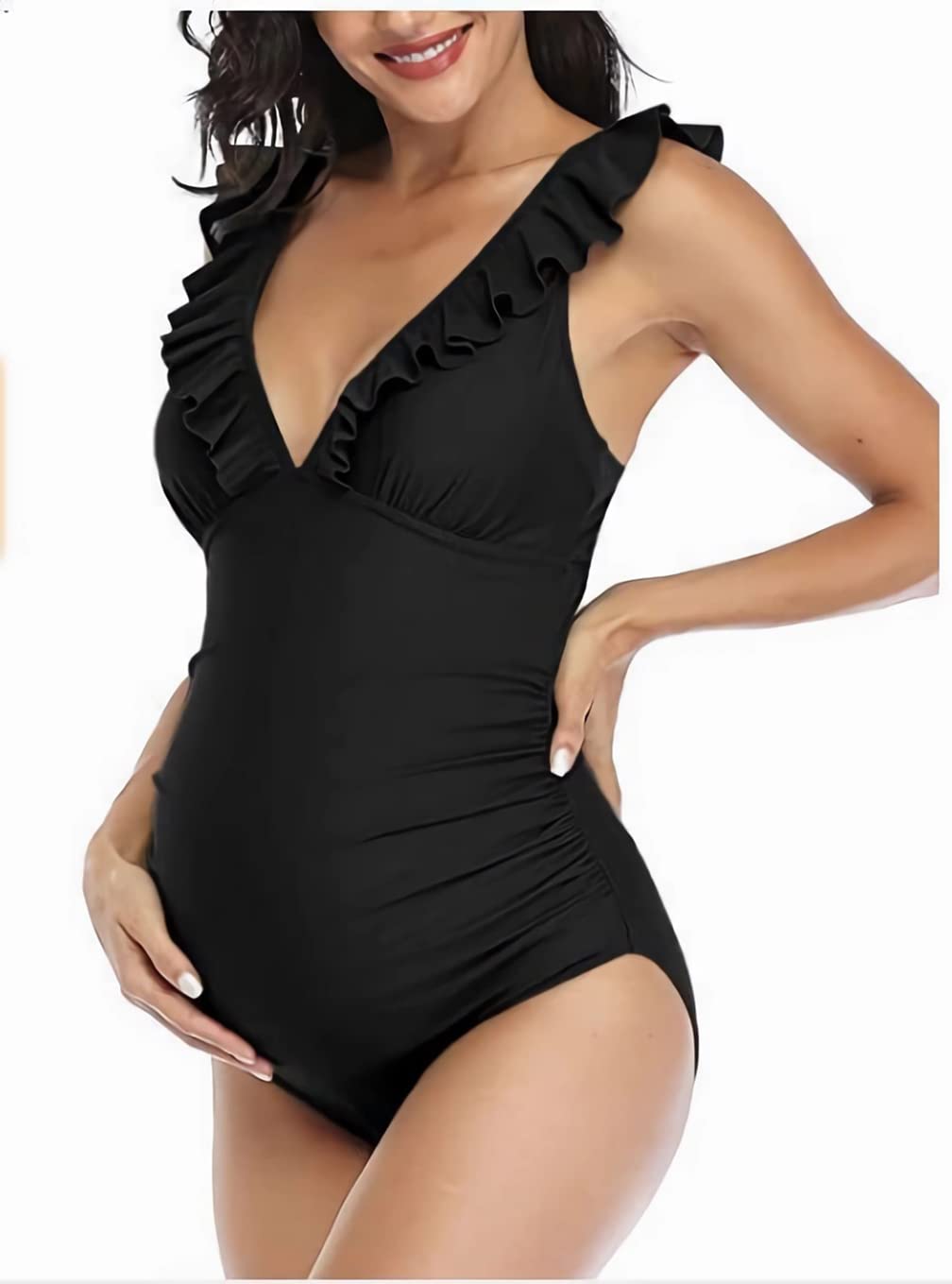 Maillot de Bain Grossesse Femmes Une pièce Bikini Maternité Col en V Maillot de Bain Enceintes avec Coussinet de Poitrine Amovible Froncé Vetement de Plage Piscine Source Thermale Swimwear - 3