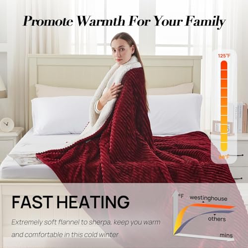 Westinghouse King Size Heated Blanket, Soft Flannel to Sherpa Reversible Electric Blanket King Size with 10 Heating Levels & 1-12 Hours Auto Shut Off, Machine Washable, (100" x 90", Red)