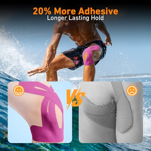 Image of PreCut Kinesiology Tape for Knees, KTQUICK 12 PCS 20% Extra Adhesive Knee Tape for Knee Pain Relief Pre Cut, Anatomical for Maximum Hold, Waterproof&Hypoallergenic Cotton Latex-Free for Sports (Pink)