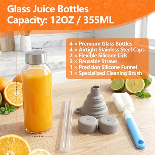 Image of Luxfuel Glass Juice Bottles with Lid 12 oz, 4 Pack Reusable Glass Water Bottles with Stainless Steel Cap & Straws, BPA Free, Leak Proof Juice Bottle Containers for Juicing, Smoothies & Fridge Storage