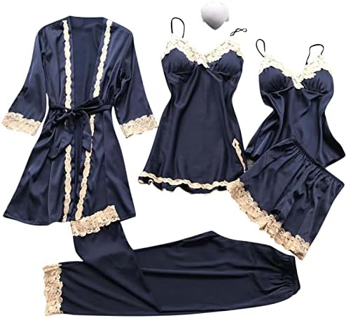 Women’s Cozy Silk Pajamas Sets 5 Piece Outfits Lace Trim Camisole and Shorts Babydoll Pants Open Front Robe with Belts