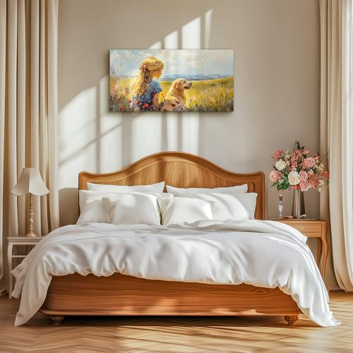 SERIMINO Portrait Landscape Wall Art, Lady and Dog Large Wall Decor, Animal Golden Retriever Cute Canvas Prints, Meadow Wildflowers Rustic House Decorations Living Room Bedroom Bathroom 20"X40"