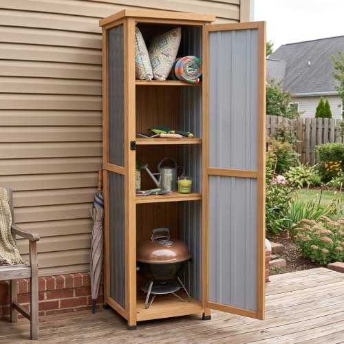 Image of PetsCosset 62 inch H Outdoor Corner Storage Cabinet with Lockable Doors, Outdoor Indoor Small Storage Cabinet with Metal Top, 3 Adjustable Shelves for Patio, Porch, Entryway or Small Spaces
