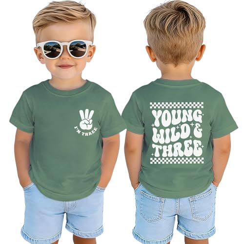MULOIUDZ Young Wild and Three Birthday Boy Shirt 3rd Birthday Outfit 3 Years Old Boy T-Shirt Tee Gift Third B-Day Party Tops(Green 3rd)