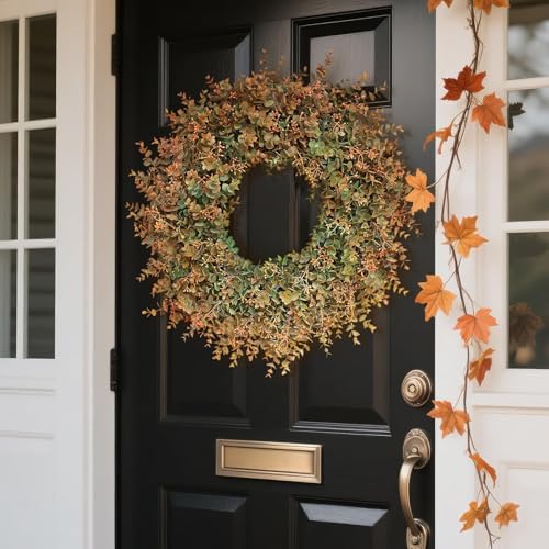 Image of 26 inchArtificial Eucalyptus Wreath with Seed for Front Door Decor(Fall Orange)