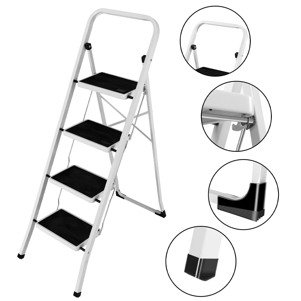Bakaji Escalera Plegable Cuadrada para Ahorrar Espacio con peldaños Antideslizantes y asa de Seguridad, Taburete Escalera, Estructura Acero y Revestimiento de Goma, Capacidad máx 150 kg (4 peldaños)