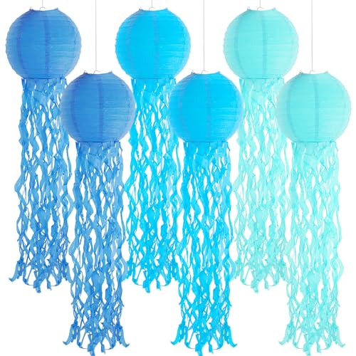 Set of 6 Hanging Jellyfish Paper Lanterns Blue Jellyfish Decor for The Sea Ocean Party, Mermaid Birthday Decoration, Baby Shower, Nautical Events (Blue)