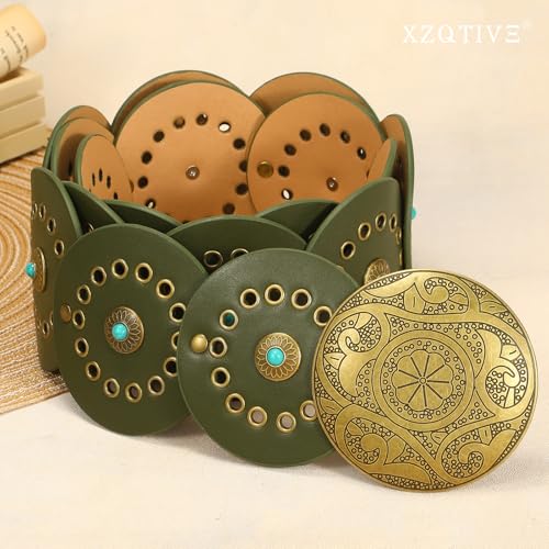Image of XZQTIVE Western PU Leather Belts for Woman Concho Cowgirl Cowboy Disc Belt for Ladies Wide Boho Country Waist Belts for Dress