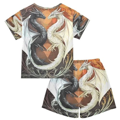 ALAZA Black White Dragon Pajamas Set Short Sleeve Cotton Sleepwear Summer Pjs 2 Piece 5-14Y2