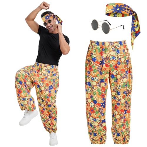 Bseical Disfraz Hippie Hombre Años 60s 70s 80s, Disfraces Hippies Hombre, Accesorios Disfraz de Hippies, Disfraz Carnaval Pantalón Set, Disfraz de Hippie Fiesta con Pantalón/Gafas de Sol/Diadema (L)