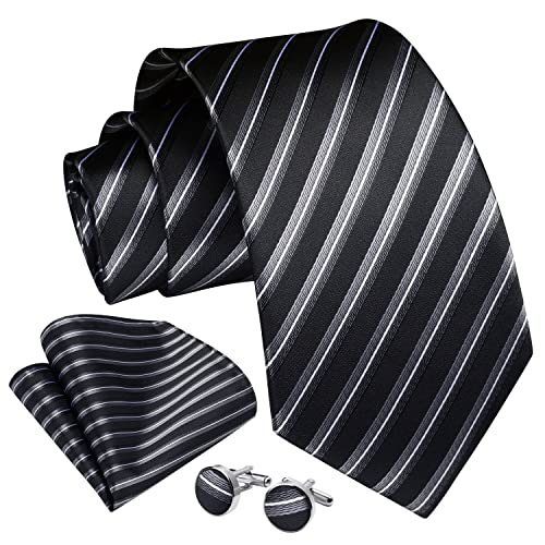 Image of Enlision Mens Ties Stripe Tie and Pocket Square Set Classic Formal Woven Neckties Handkerchief Cufflinks Wedding