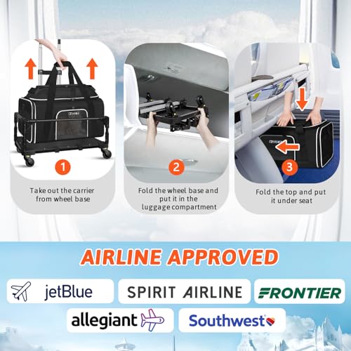 Petskd Top-Expandable Small Pet Carrier with Wheels (17" L x 12" W x 8.5" H), JetBlue/Allegiant/Spirit Airlines Approved, Rolling Pet Carrier for Small Dogs & Cats (Black) - Image 3