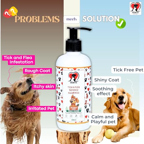 Image of HEARTIE Tick and Flea Defence Shampoo | 300 ml Paraben Free Anti tick Shampoo & Flea Remover | Dog Ticks Shampoo & Cat Shampoo with Neem, Aloe Vera, Tea Tree, Vitamin E | Dog Shampoo for Tick