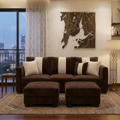 Image of Vero 5 Seater L Shape Sofa Set with 2 Movable Ottomans | Flexible Layout | Luxury Velvet Suede Fabric | Modern Living Room Sofa | Dark Brown