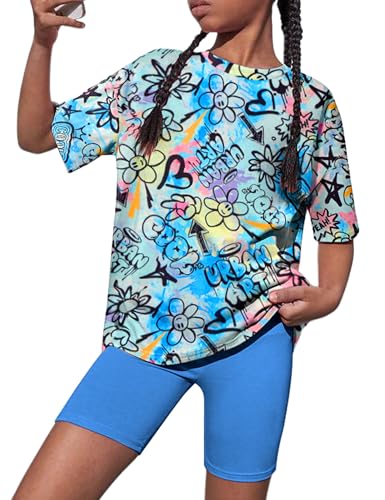 Image of Teen Girls Clothes 2 Piece Colored Tie Dyer Girls Summer Outfits Short Sleeve Fashion Printed T-Shirt and Pants