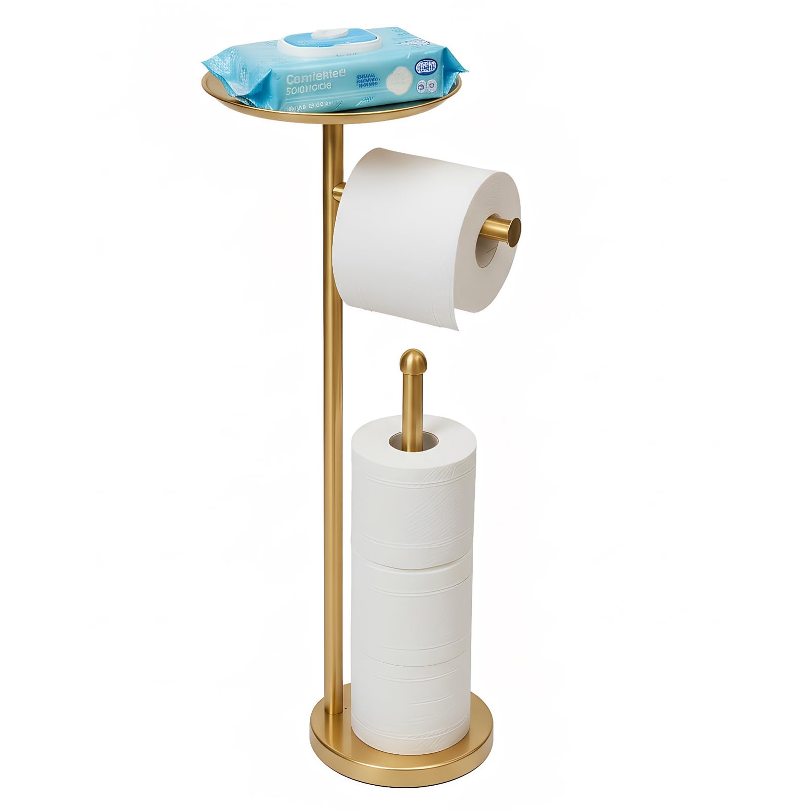 Sfemn Freestanding Toilet Paper Holder with Shelf, Gold Toilet Paper Stand with Storage Tray and Space for 4 Extra Rolls