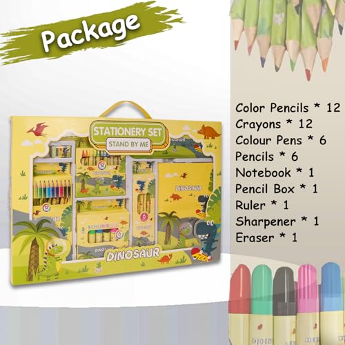 Image of WISHKEY 41 Pieces Dinosaur Theme All-in-One Stationery Set Stationery Items with Pencil Box Notebook Scale Eraser Sharpener Crayons Color Pencils Color Pens Pencils Return Gift for Birthday Kids 6+