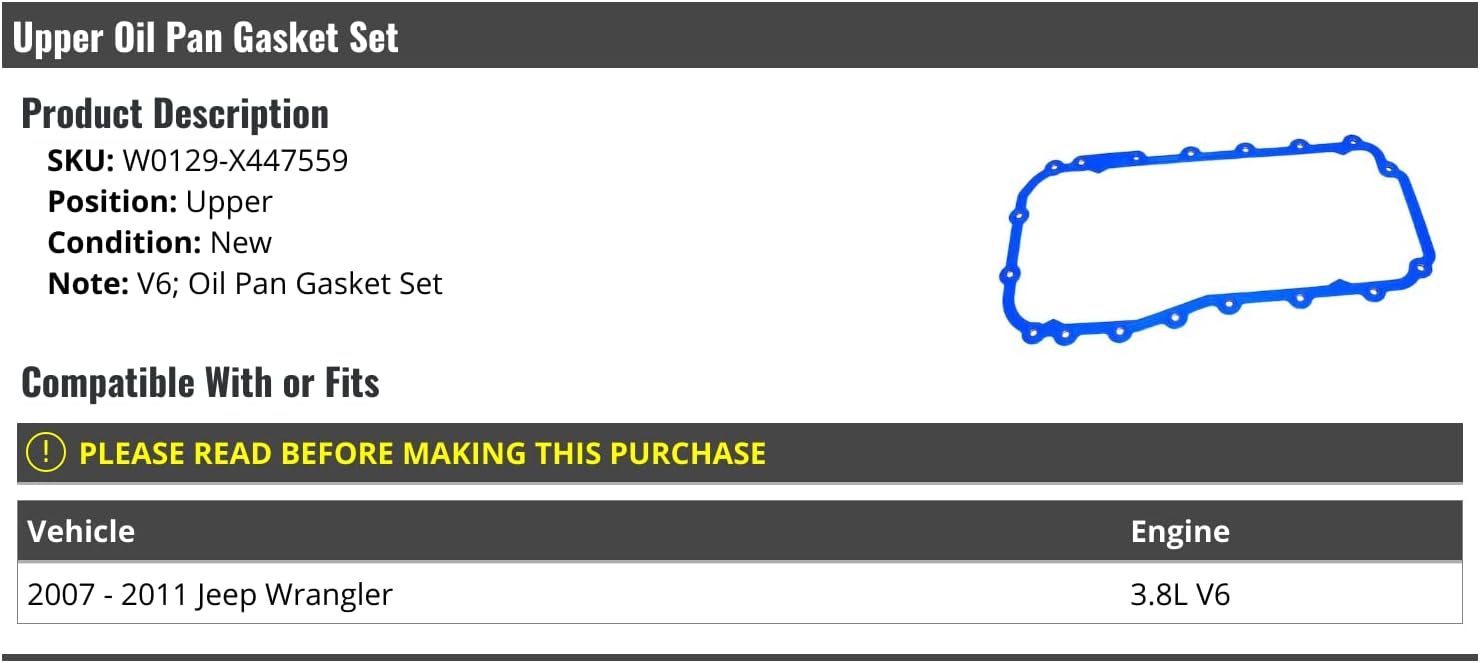 Marketplace Auto Parts Upper Pan Gasket Set - Compatible with 2007-2011 Jeep Wrangler 3.8L V6