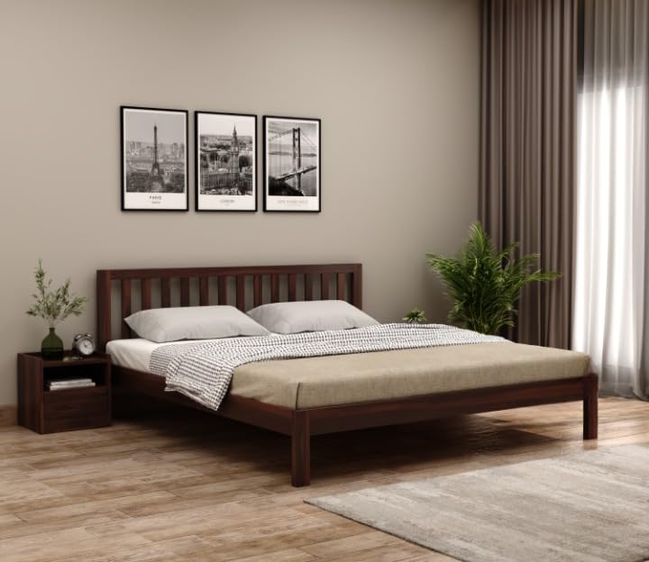 Image of SUNCOM Solid Sheesham Wood Queen Size Bed Without Storage for Bedroom - Wooden Queen Size Cot Bed for Home - Handcrafted Furniture Platform Double Bed (Walnut Finish)