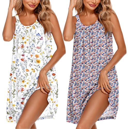 Image of Ekouaer 2 Pack Nightgowns for Women Sleeveless O Neck Pleated Sleep Shirt | Wide Strap Nightshirt Tank Top Nighty Casual Sleepwear Soft Pajama Dress Sleepshirts Lounge Dress Comfy Pj Dress S-4XL