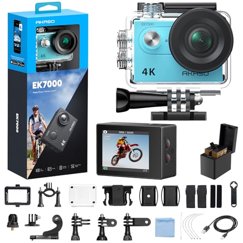 AKASO アクションカメラ EK7000 4K30FPS 20MP 水中カメラ WiFi搭載 Type-C外部マイク対応 40M防水 170度広角レンズ 1050mAhバッテリー2個付き アクションカム ウェアラブルカメラ 豊富なアクセサリー バイク/自転車に取り付け可能 ブルーの商品画像（Amazon）