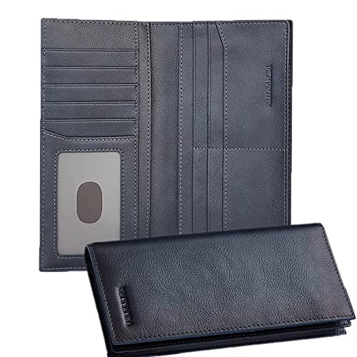 VANNANBA Bifold Long Slim Leather Wallet for Men,RFID Blocking Credit Vintage Card Holder for Checkbook with ID Window (blue)