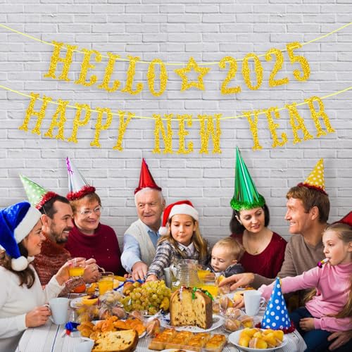 Glitter New Year Banner 2025 Bunting Banner Hanging Decorations, Hello 2025 Happy New Year Lettering Banner, 2025 New Years Eve Party Hanging Banner for Christmas New Year Party Home Bar Decoration - Image 2