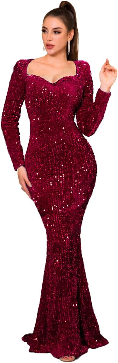 Sequin Formal Evening Party Dress Sweatheart Bodycon Long Sleeve Maxi Gown