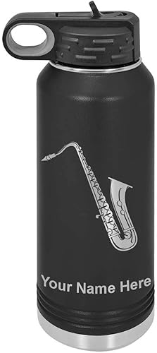 LaserGram Botella de agua con tapa abatible de doble pared de 32 onzas con popote, saxofón, grabado personalizado incluido (negro)