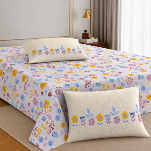 Image of Jaipur Weaves Cotton King Size Bedsheet 108x108 Super King, 100% Pure Cotton Bed Sheet with 2 Pillow Covers, 240 TC Soft Breathable Floral Design Bedding - (Sunny Delight, Super King) Multicolour