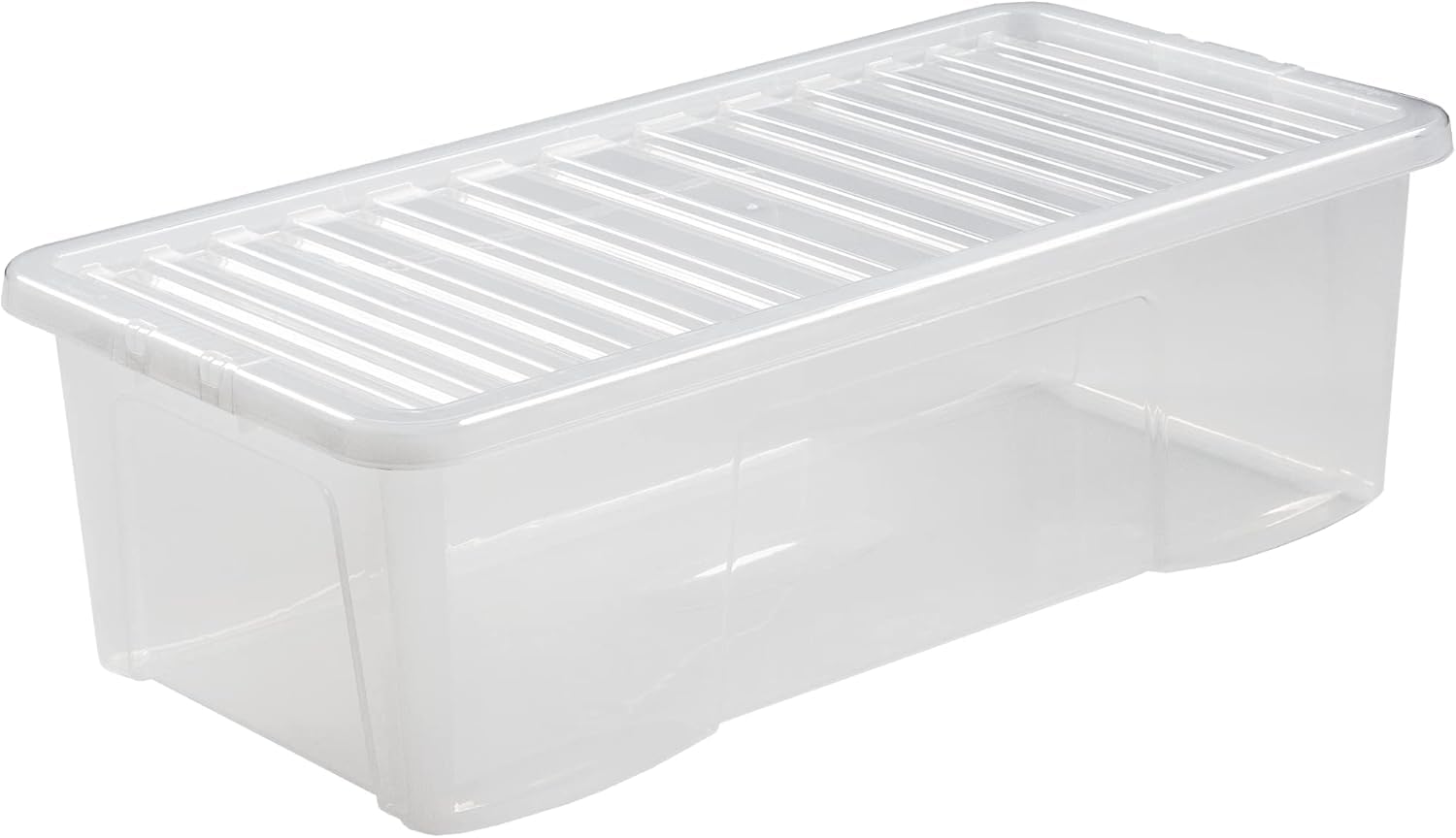 Optimal Products Clear Plastic Storage Box With Lids UK BRITISH MADE Home Office Stackable Transparent Plastic Boxes, Size 5,11,24,28,35,45,62 Litre (43 Litre Underbed, 5 Boxes)