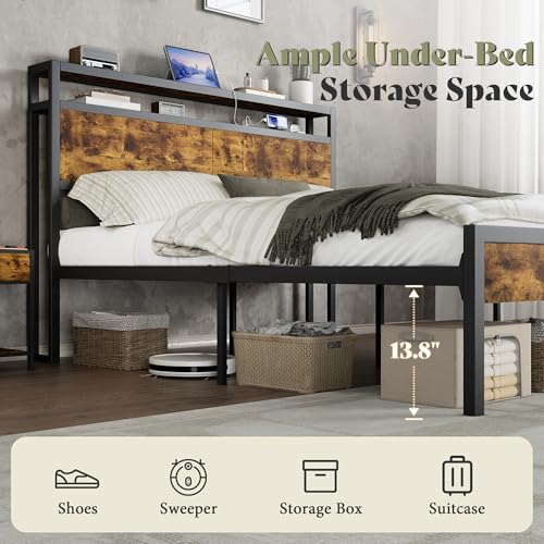 Image of AMERLIFE Queen Size Bed Frame with Storage Headboard & Charging Station, Industrial Metal Platform Bed with Large Under-Bed Storage, Heavy Duty Slats, No Box Spring Needed, Dark Brown