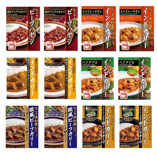 【まとめ買い】中村屋 ビーフハヤシ 濃厚デミグラス仕立て・インドカリー スパイシーチキン・インドカリー ベジタブル・インドカリー 濃厚マイルドチキン・欧風ビーフカリーコク香るビーフの芳醇仕立て・インドを旅するインドカリー 南インドキーマ 各2個 計12個セ