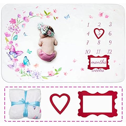 Gronda Baby Milestone Blanket Flowers Butterfly Theme for Boy or Girl, Unisex Personalised Baby Newborn Shower Gifts Photo Monthly Weekly Mat Soft baby Swaddle Blanket for New Mums 40x60 Inch Cover
